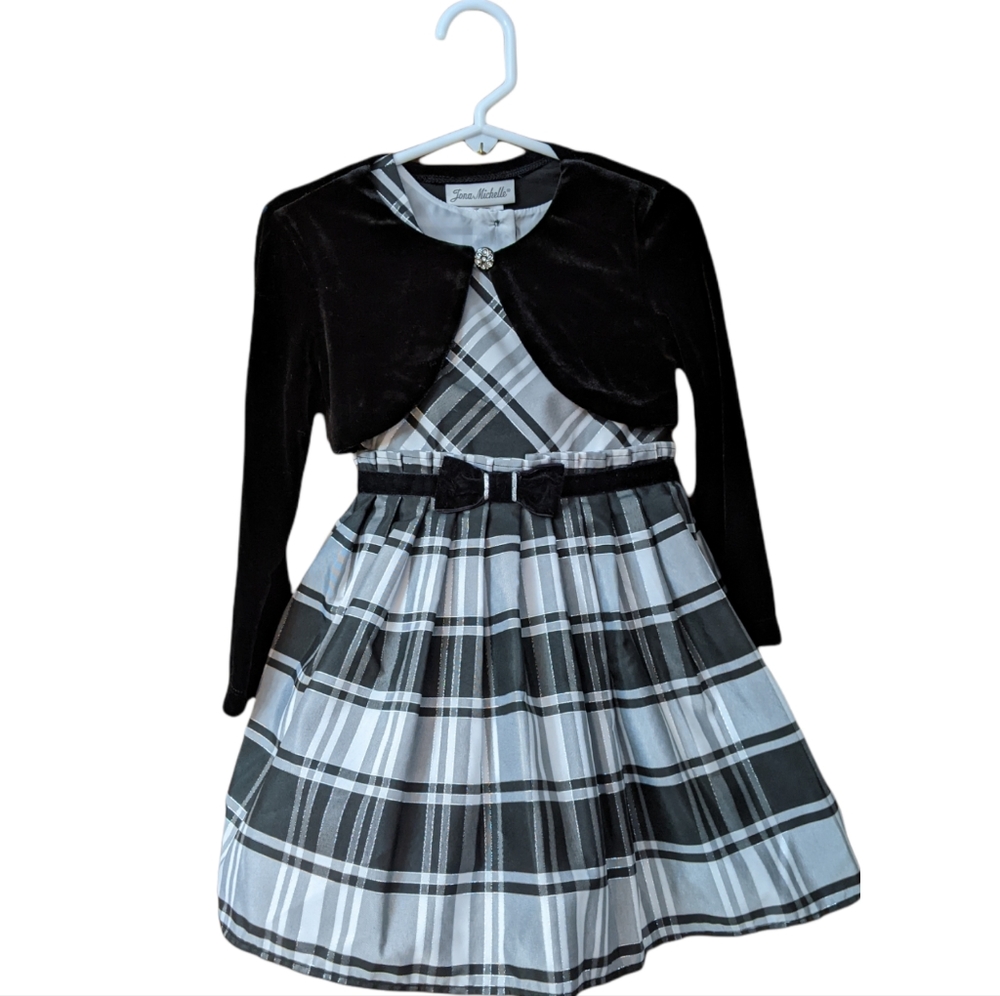 Jona Michelle 3T Special Occasion Dress Black White Silver Plaid Christm…